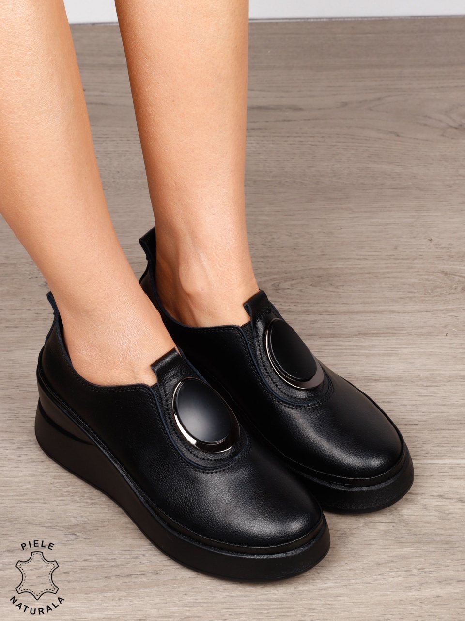 PANTOFI CASUAL Dama Piele Naturala Slip-on cu deatliu in fata CRL1443 NEGRU