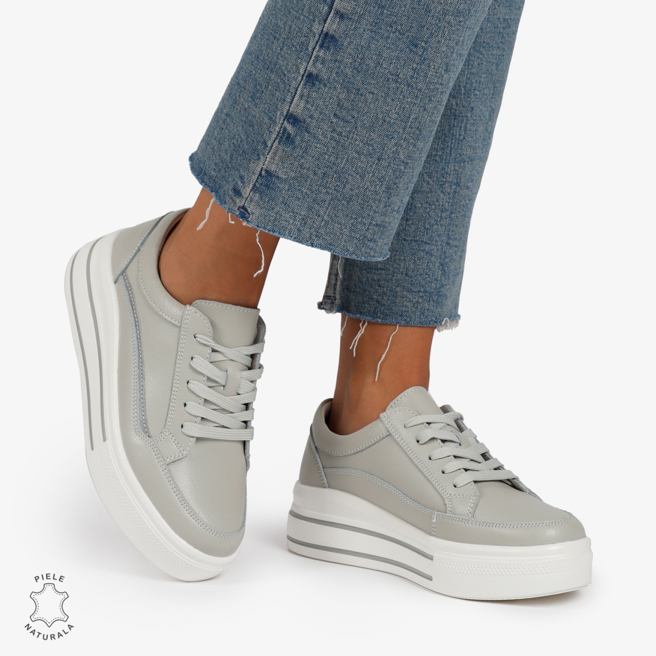 Pantofi Casual de dama din Piele Naturala cu talpa inalta si Dungi CRL1203 GRI