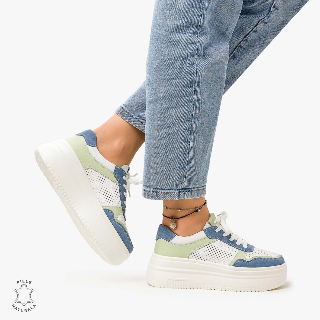 Pantofi Casual de dama din Piele Naturala Multicolor CRL1096 ALB CU ALBASTRU