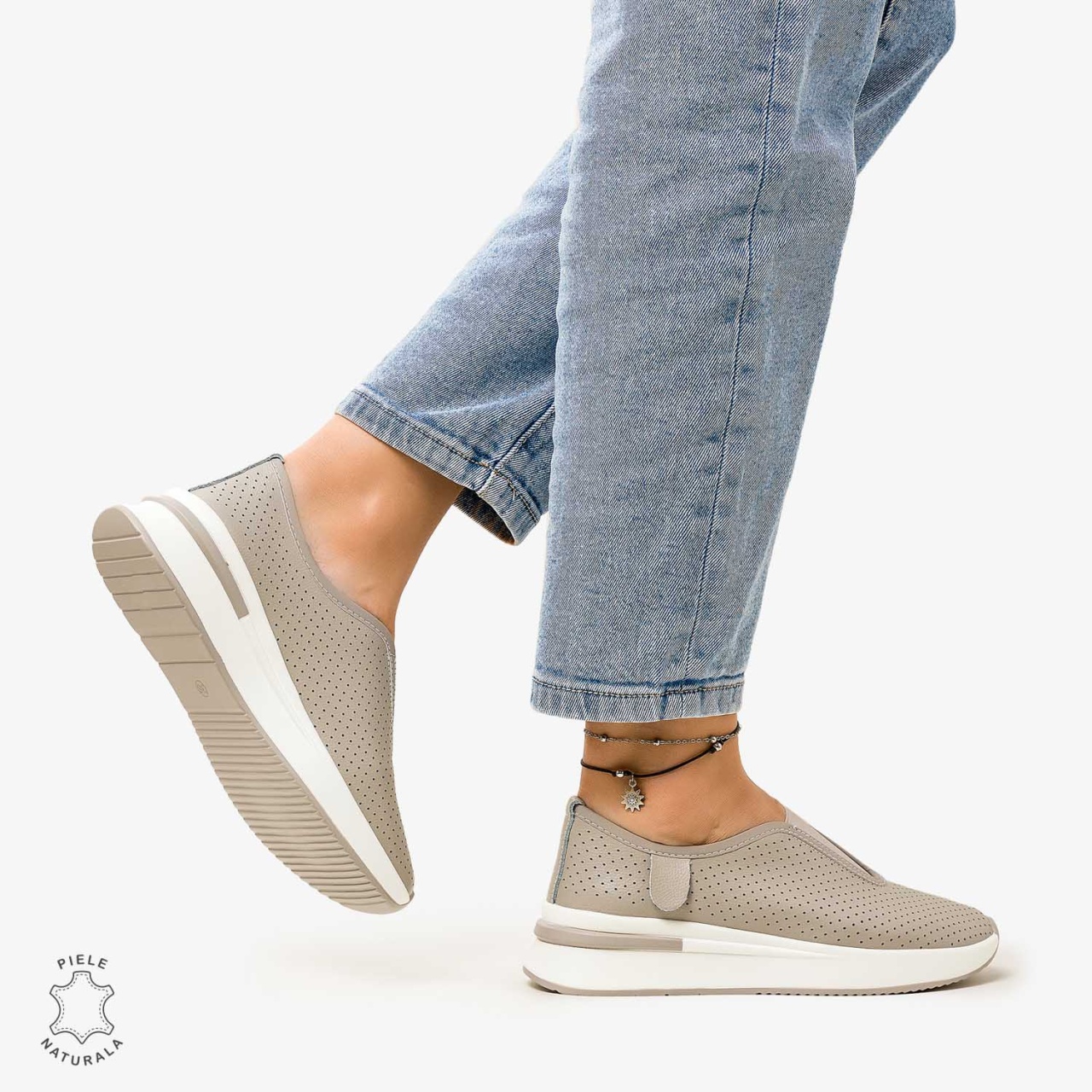 Pantofi Casual de dama din Piele Naturala PERFORATA CU ELASTIC CRL1200 GRI