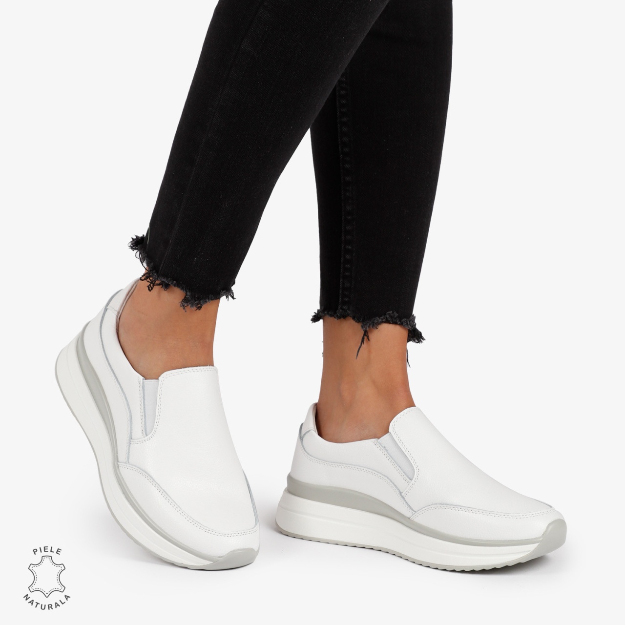 Pantofi Casual de dama din Piele Naturala Slip-On CRL1204 ALB