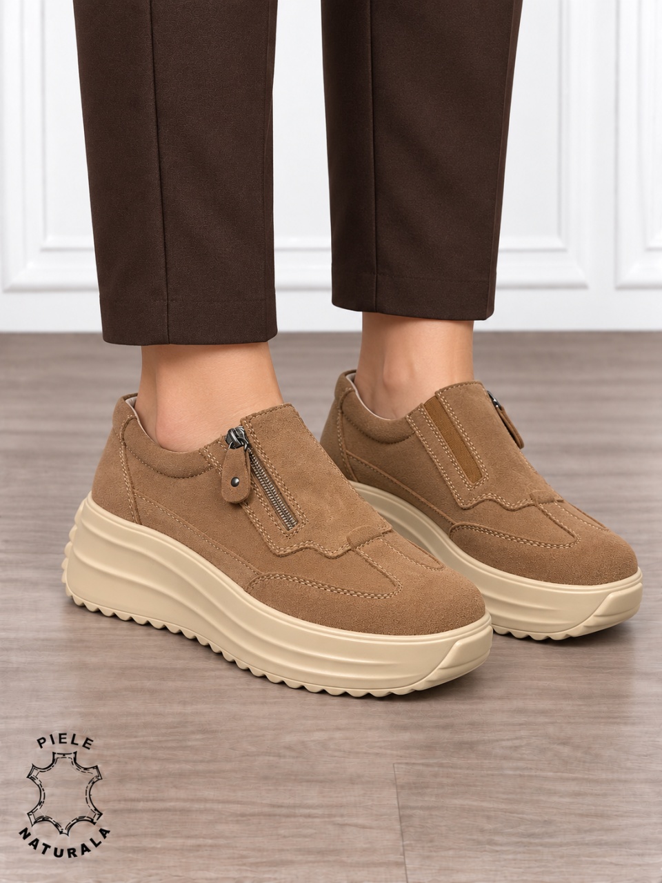 Pantofi casual din piele naturală întoarsă cu inchidere fermoar CRL1919 KHAKI