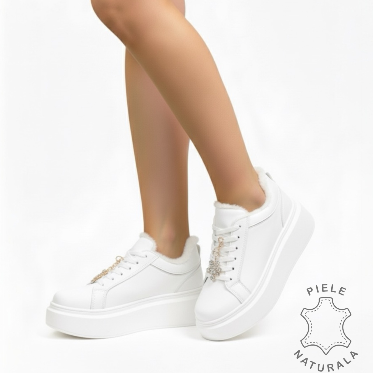 Pantofi casual îmblănite albi din piele naturală cu talpa înaltă si detaliu decorativ pe șiret CRL1537 ALB