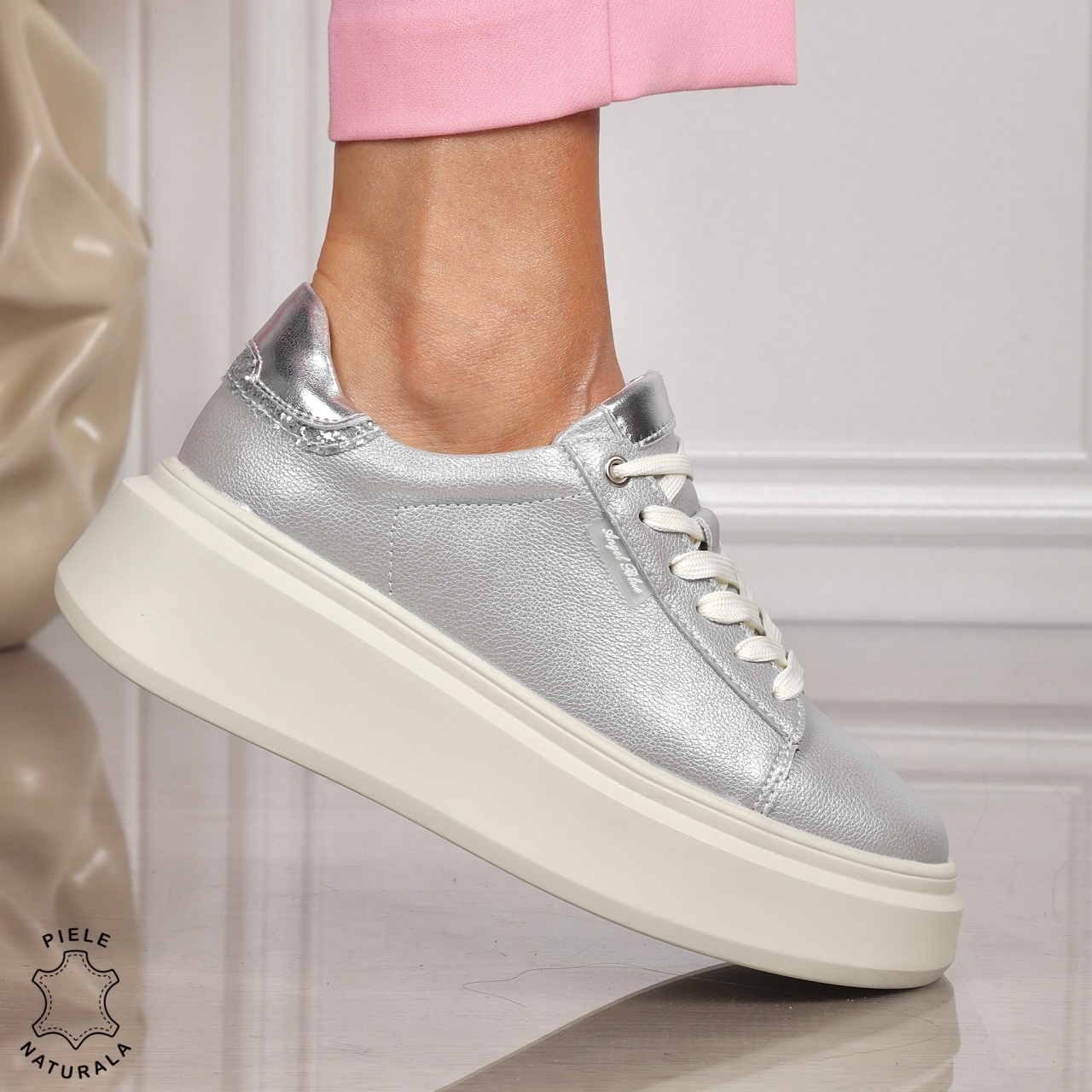 Pantofi CASUAL PIELE NATURALA CU SIRET CRL1449 ARGINTIU