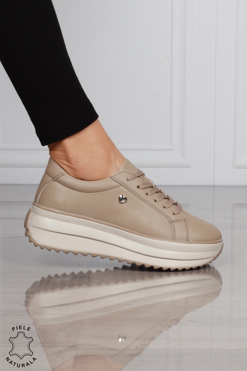 Pantofi CASUAL PIELE NATURALA cu talpa inalta CRL1275 KHAKI