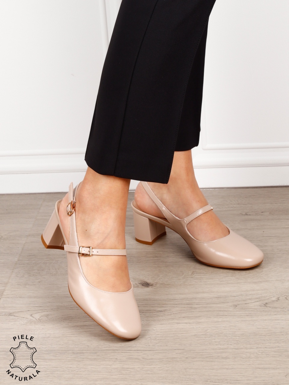 Pantofi dama eleganti cu toc gros si inchidere dubla CRL1608 BEJ