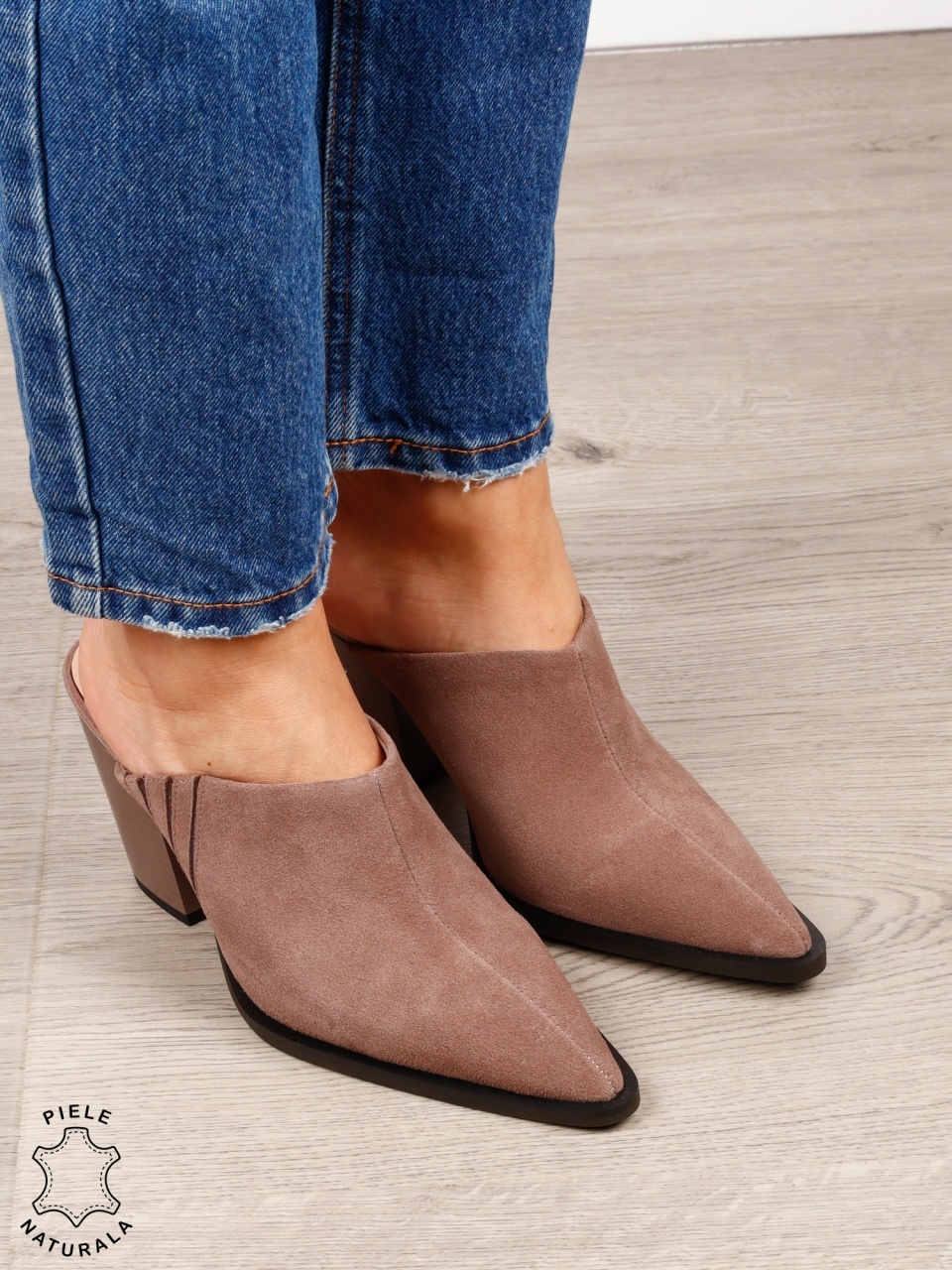 Pantofi dama eleganti cu toc gros si varf ascutit din piele naturala intoarsa CRL1609 KHAKI