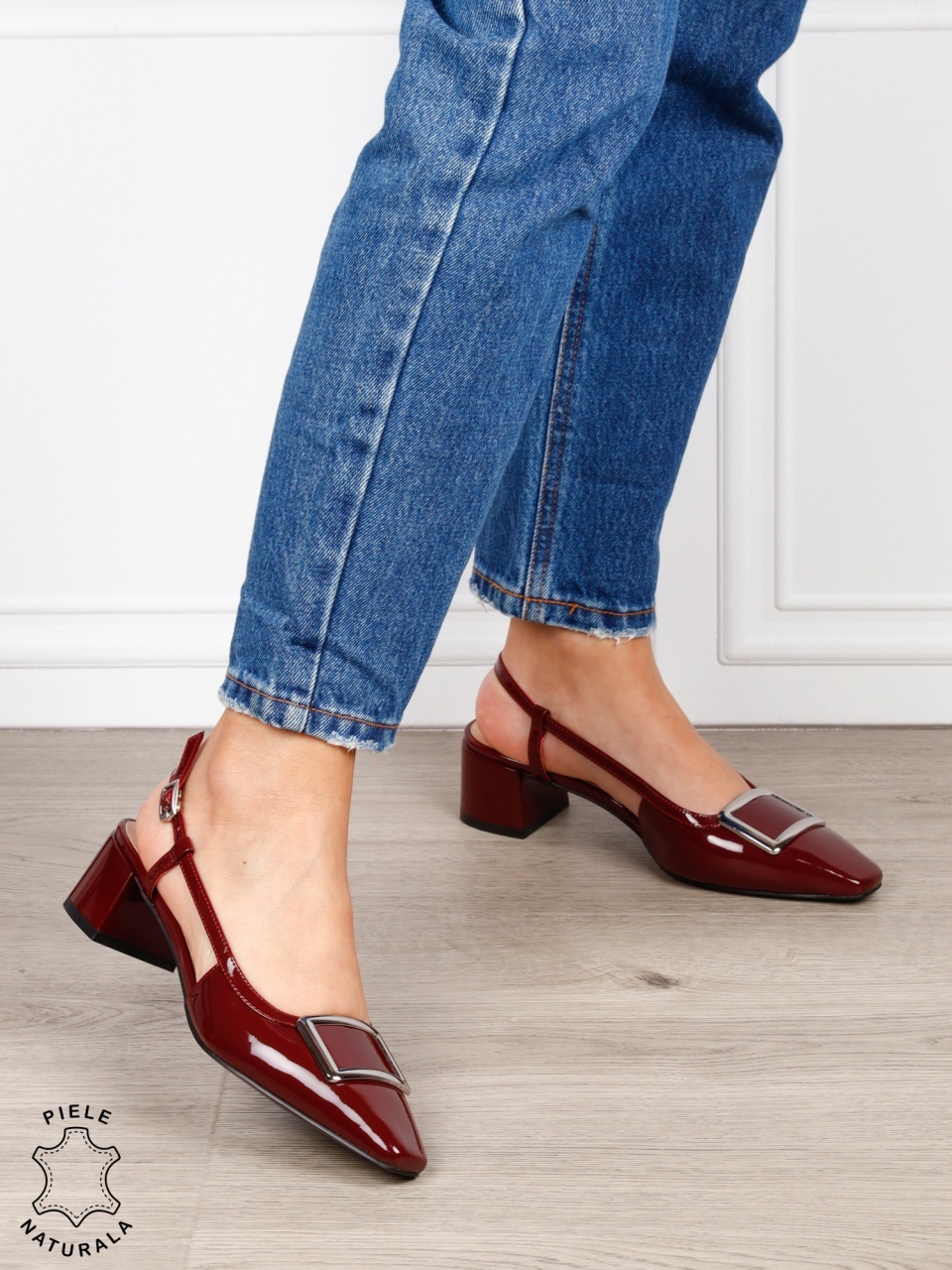 Pantofi dama eleganti din piele naturala cu toc gros mic CRL1615 Bordo