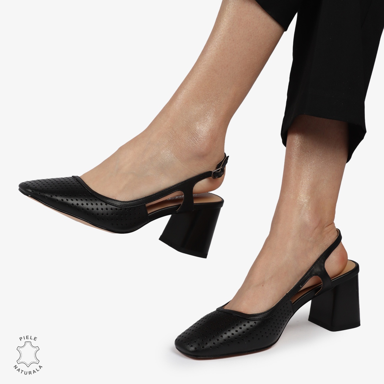 PANTOFI ELEGANTI DIN PIELE NATURALA CU TOC GROS CRL01385 NEGRU