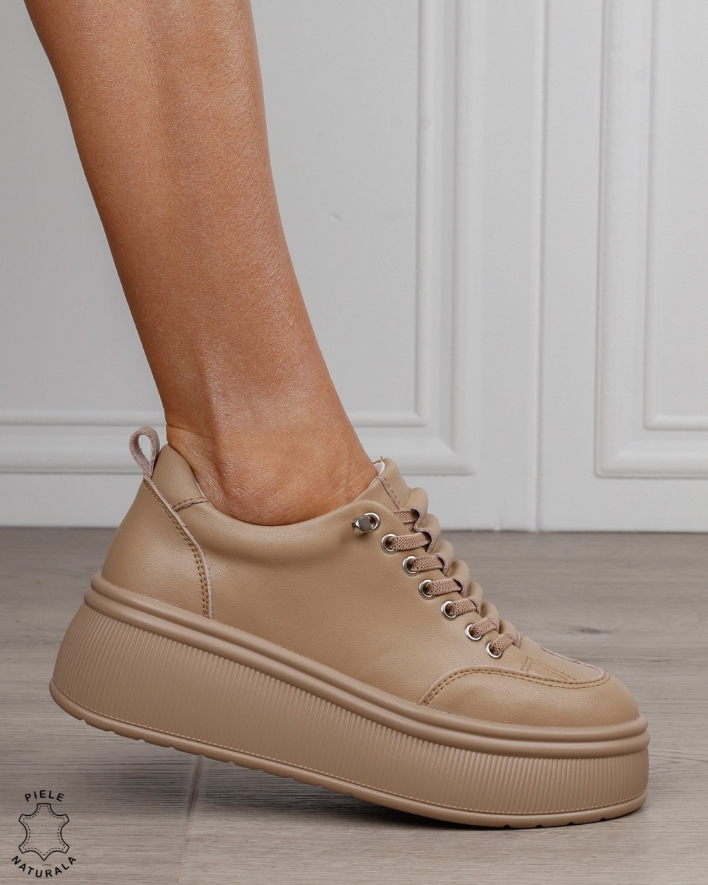 Pantofi sport damă din piele naturală cu șiret special CRL1880 KHAKI