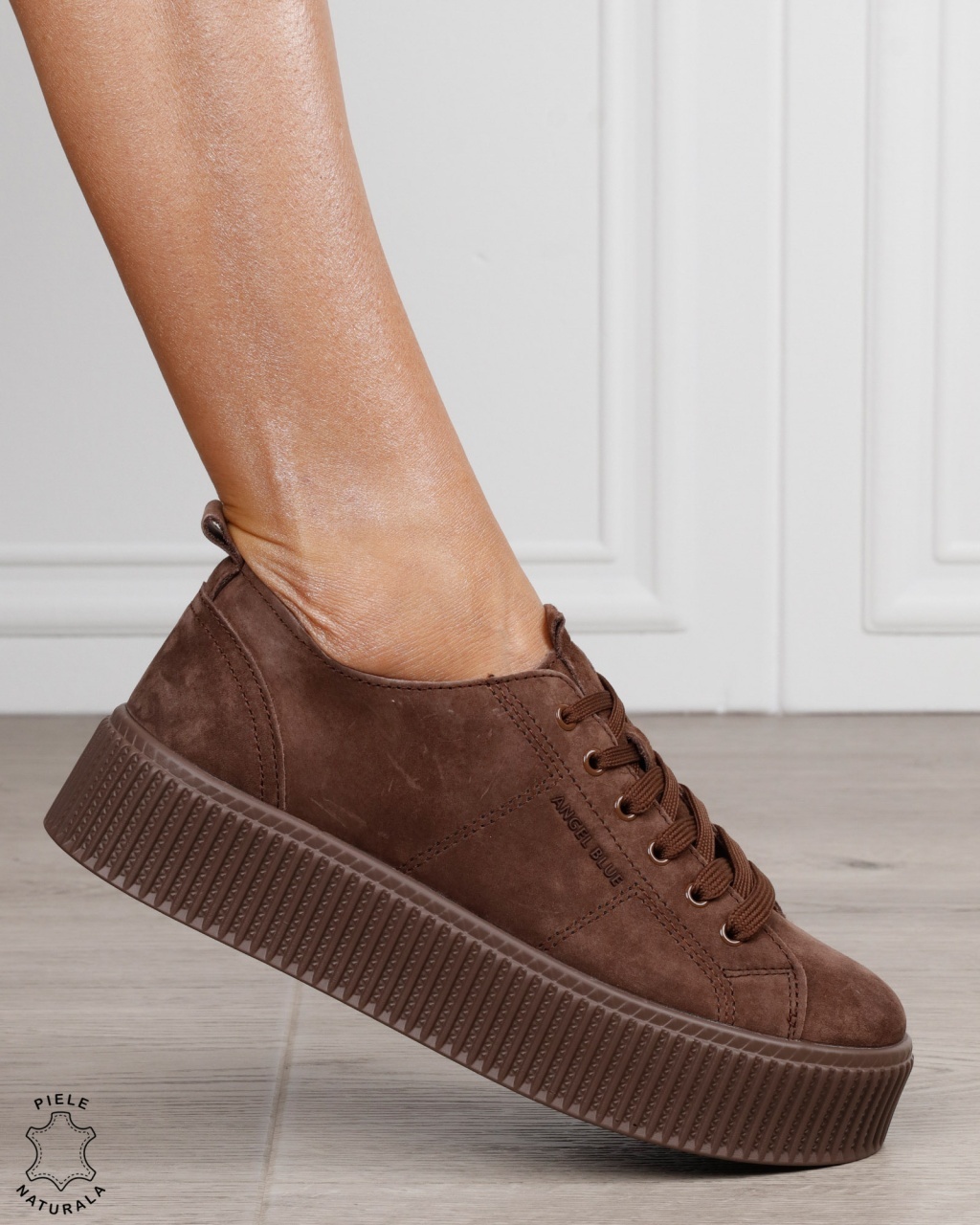 Pantofi sport damă din piele naturală intoarsa stil clasic CRL1868 CAFENIU