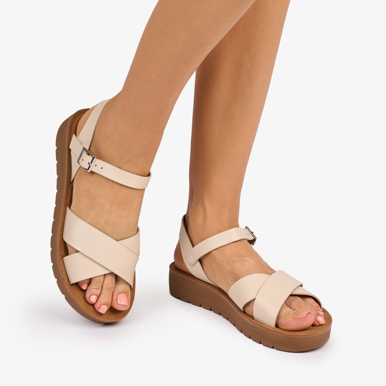 SANDALE dama din Piele ECOLOGICA CU BRETELE MODEL SIMPLU CRL1094 CULOARE: BEJ