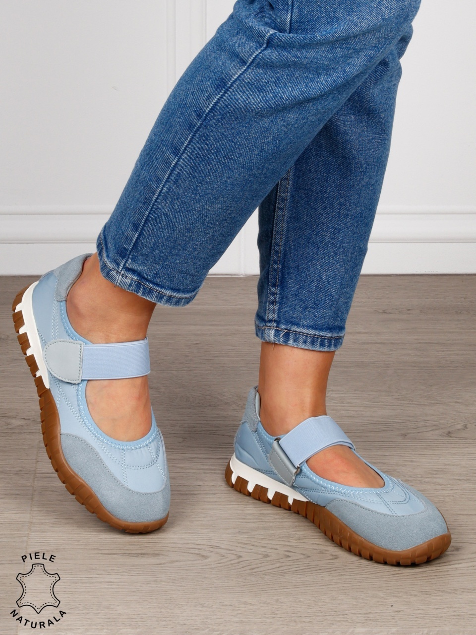 Sandale damă din piele naturală întoarsă și material textil, cu branț din piele naturală CRL1562 ALBASTRU