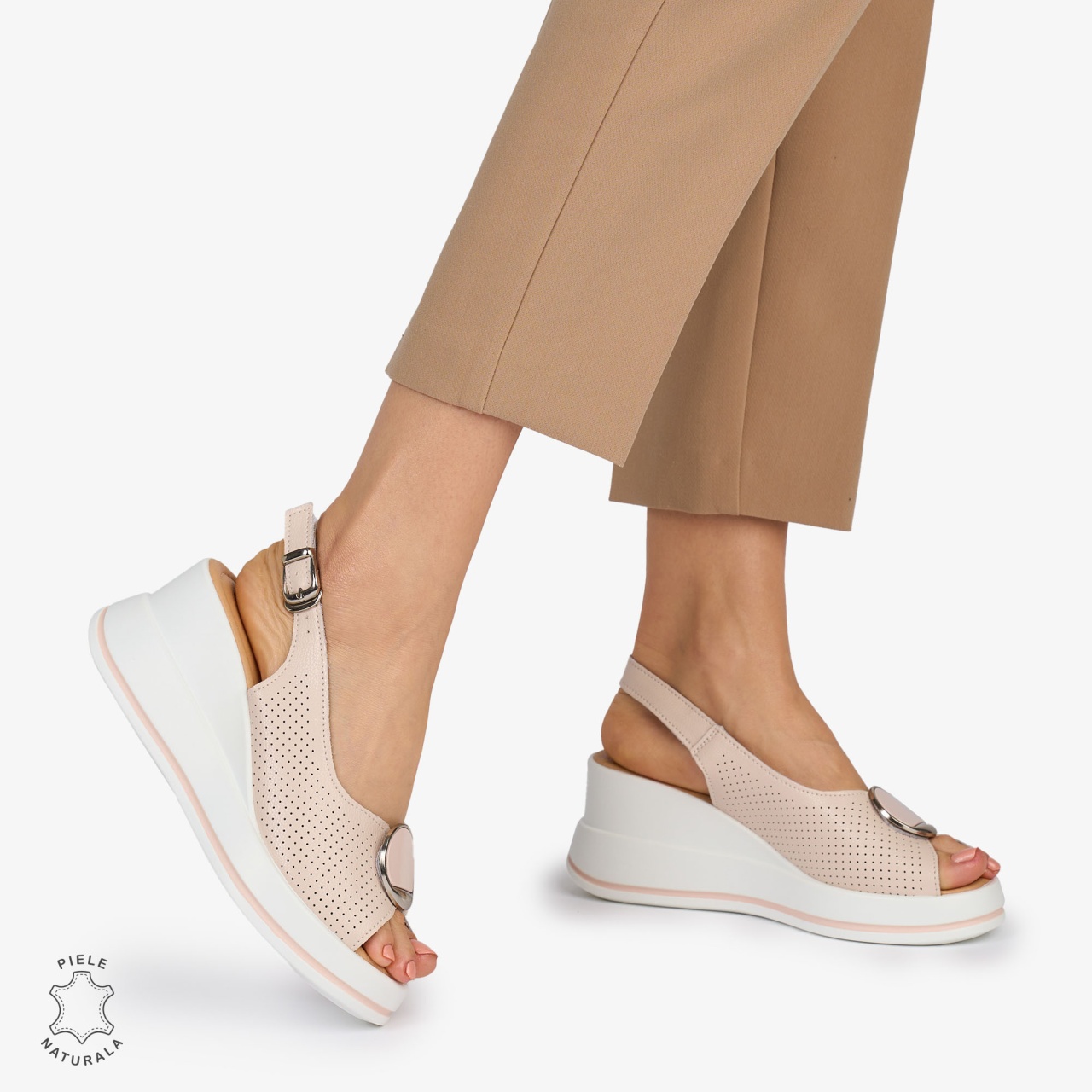 SANDALE Dama Piele Naturala CU TALPA INALTA SI ACCESORIU METALIC CRL1047 Culoare: ROZ