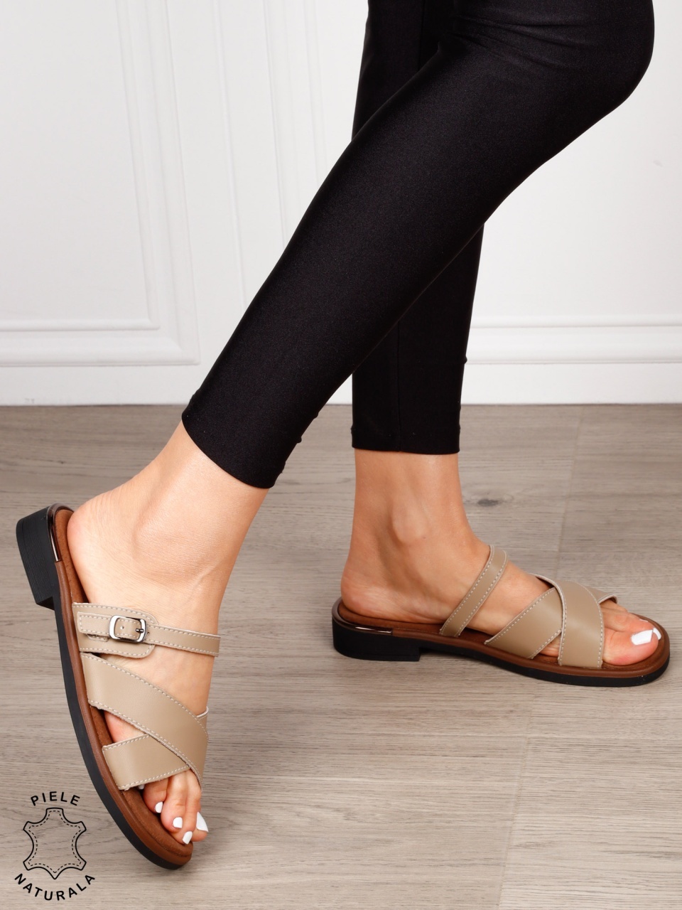 Sandale tip Papuci din Piele Naturala CU TOC MIC PATRAT CRL1560 khaki