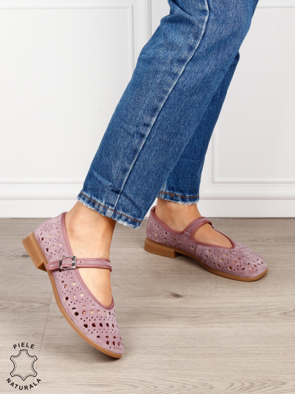 BALERINI dama din piele naturala Intoarsa cu barete SI DESIGN UNIC CRL1629 ROZ