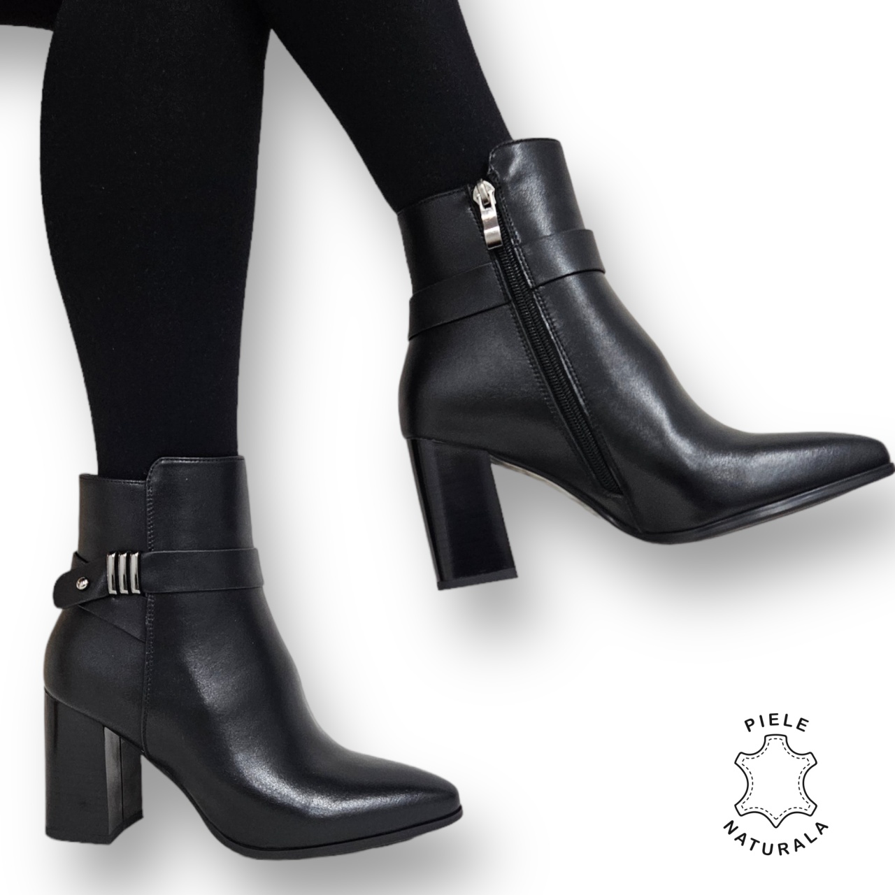 Botine DAMA din PIELE Naturala cu FERMOAR si Catarama CRL0927 CULOARE: Negru
