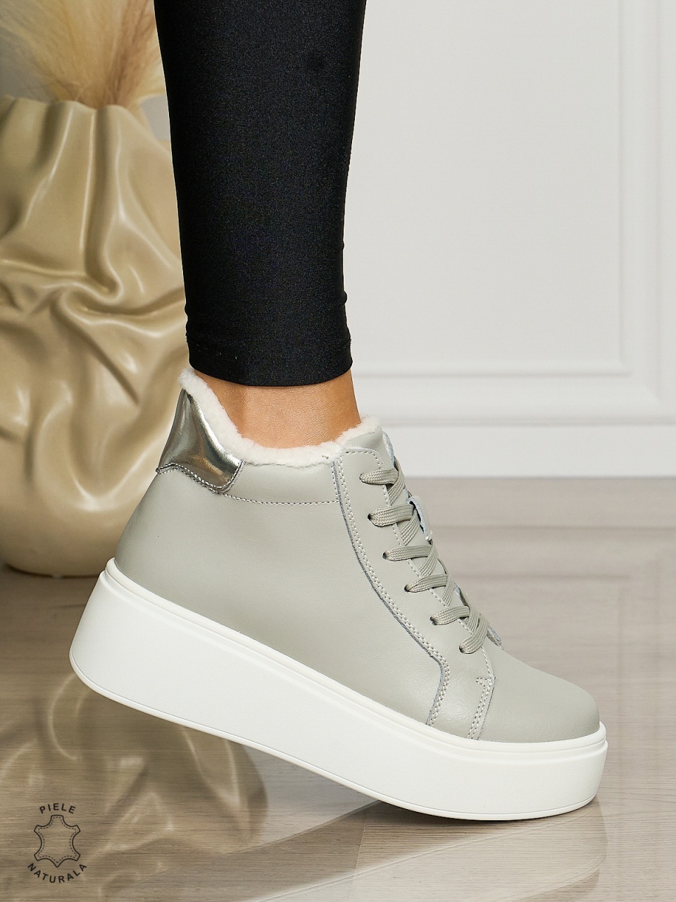 Ghete dama din Piele Naturala IMBLANITE CRL1465 GRI