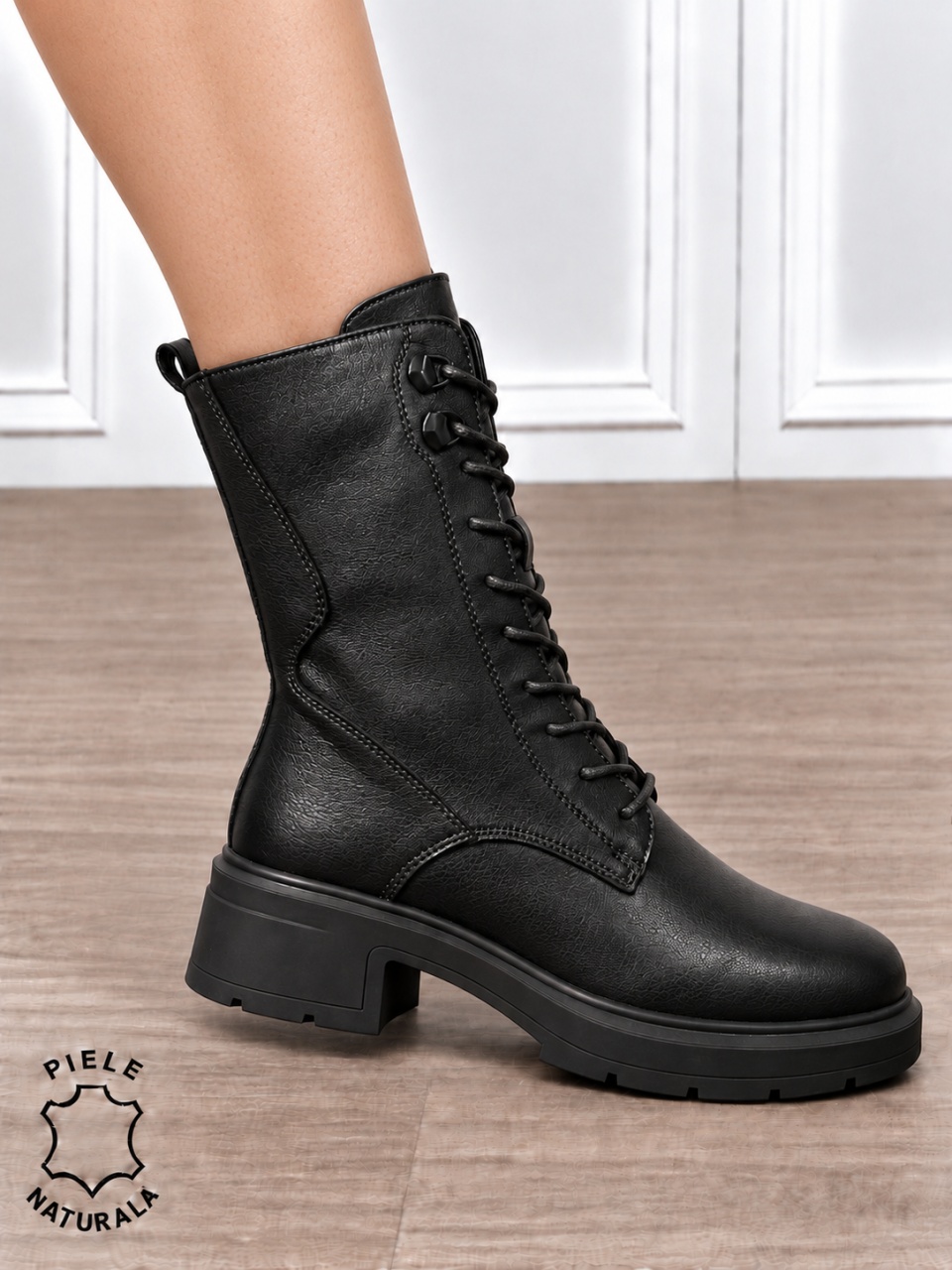 Ghete înalte damă din piele naturală, cu design modern CRL1912 NEGRU