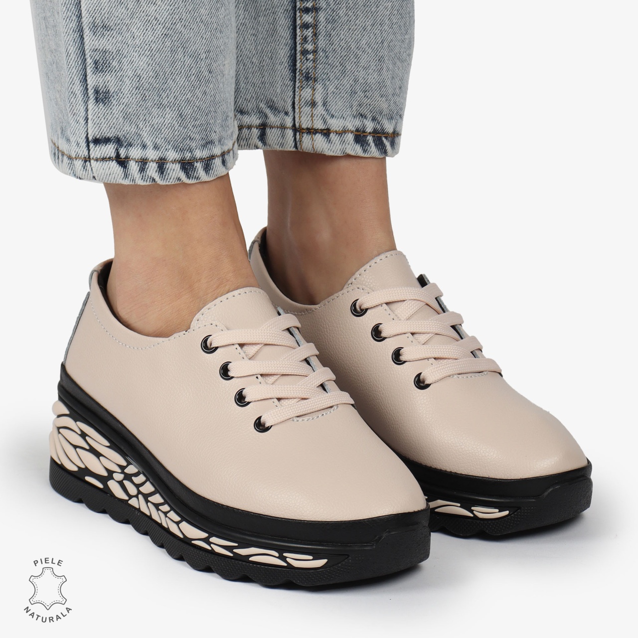 Pantofi Casual dama din Piele naturala CU DESIGN PE TALPA SIRET CRL1345 ROZ