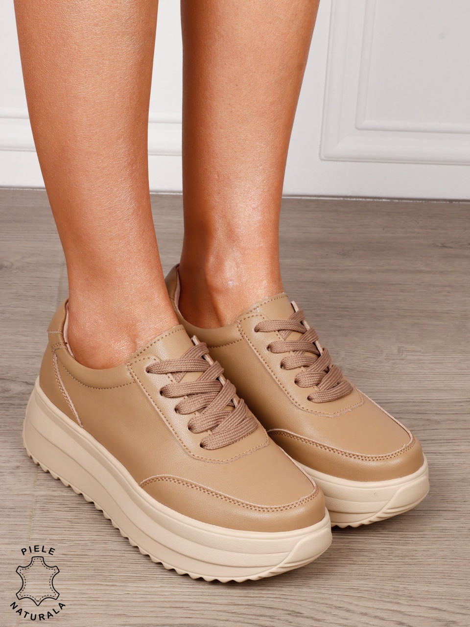 Pantofi casual dama din piele naturala cu șiret comozi și versatili CRL1444 KHAKI