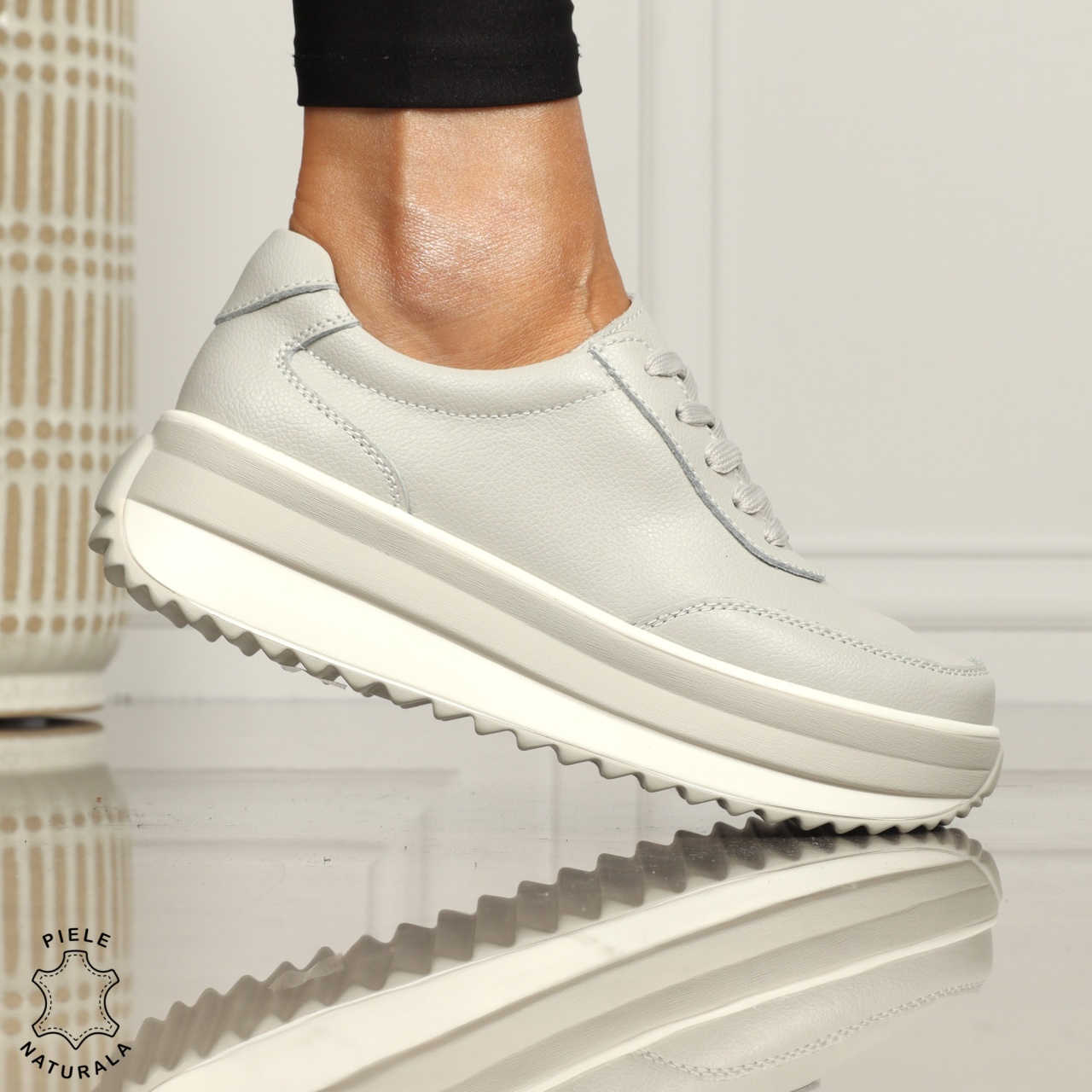 Pantofi casual dama din piele naturala cu șiret comozi și versatili CRL1444 GRI