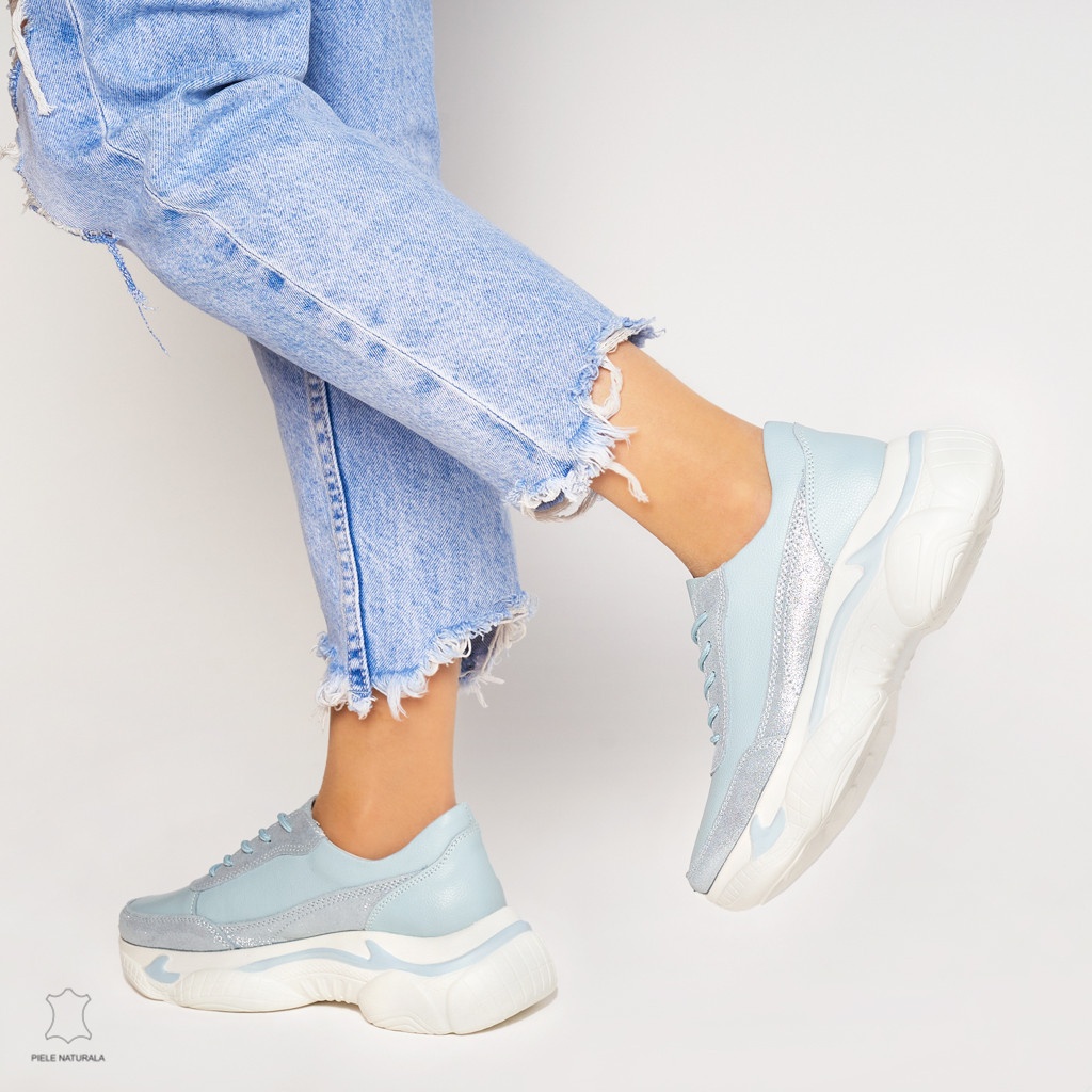 Pantofi Casual dama din Piele naturala cu talpa groasa CRL0037 ALBASTRU