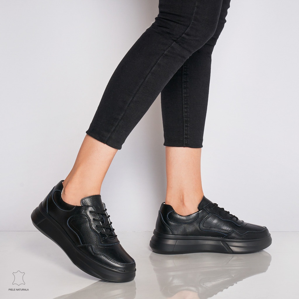 Pantofi Casual dama din Piele naturala cu talpa plata CRL0042 NEGRU