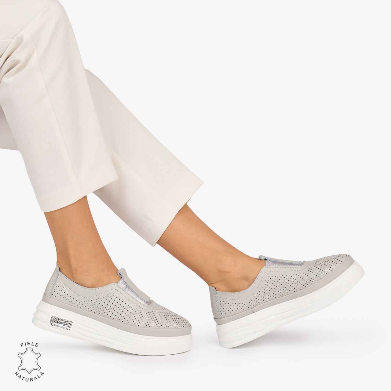 Pantofi Casual dama din Piele Naturala Perforata cu elastic frontal CRL1068 CULOARE: GRI