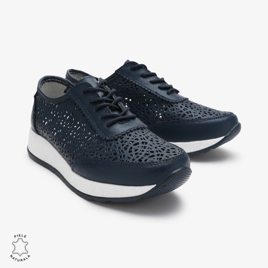 Pantofi casual dama din Piele Naturala Perforati cu model CRL0714 BLEUMARIN