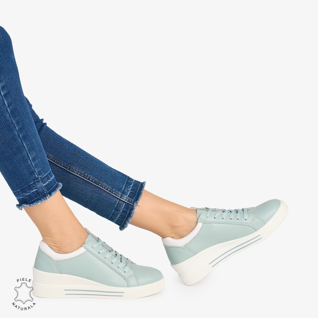 Pantofi casual dama piele naturala cu talpa inalta CRL0871 ALBASTRU