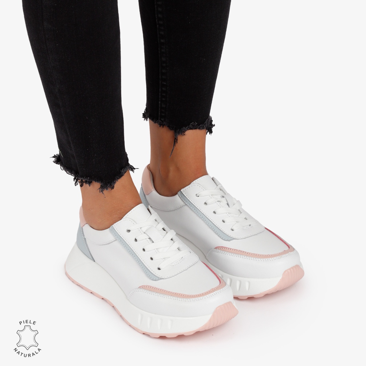 Pantofi Casual de dama din Piele Naturala COMODE MULTICOLOR CRL1215 ALB CU ALBASTRU