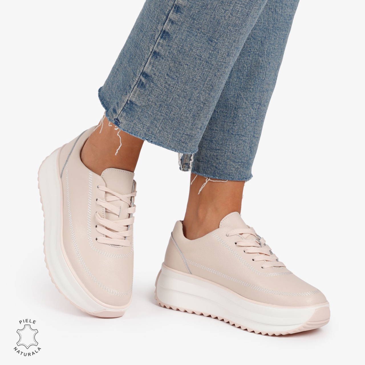 Pantofi Casual de dama din Piele Naturala cu talpa Inalta CRL1201 Roz