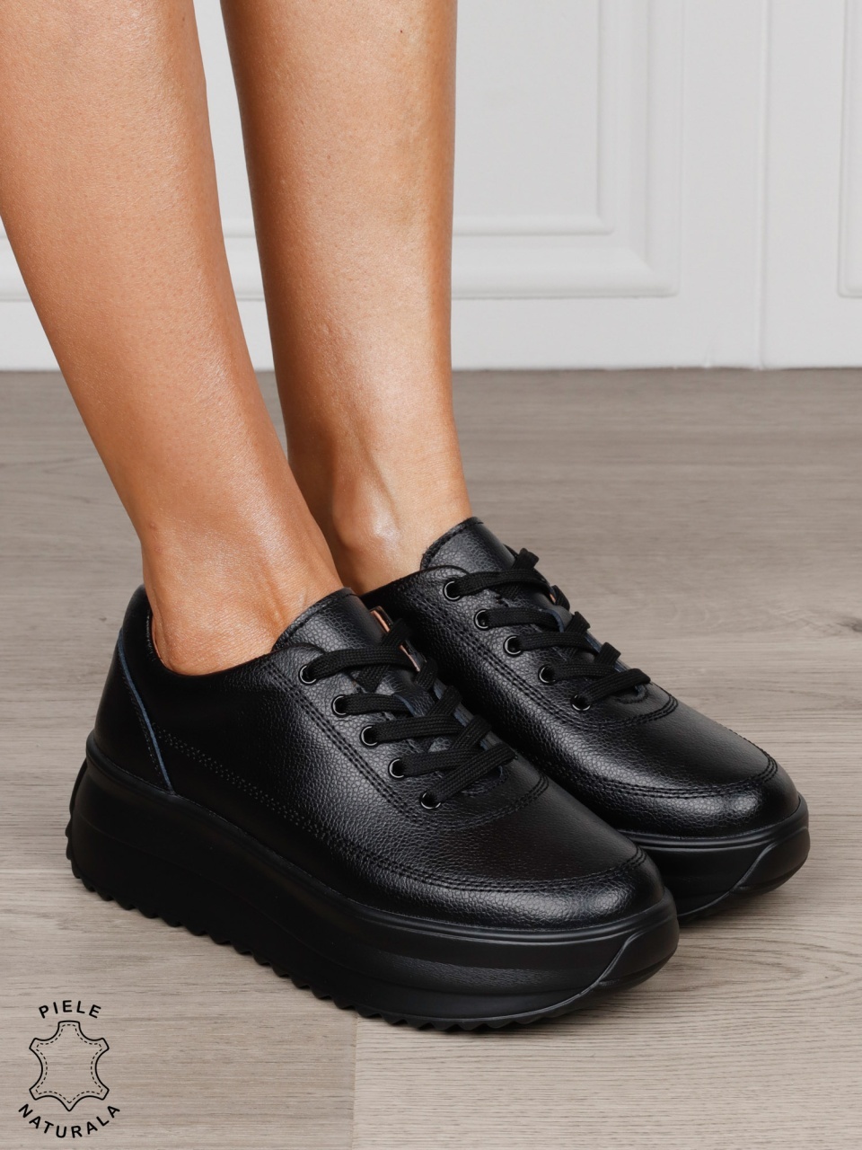 Pantofi Casual de dama din Piele Naturala cu talpa Inalta CRL1201 NEGRU