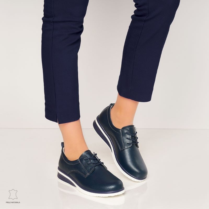Pantofi casual de dama din piele naturala cu talpa plata CRL0011 BLEUMARIN