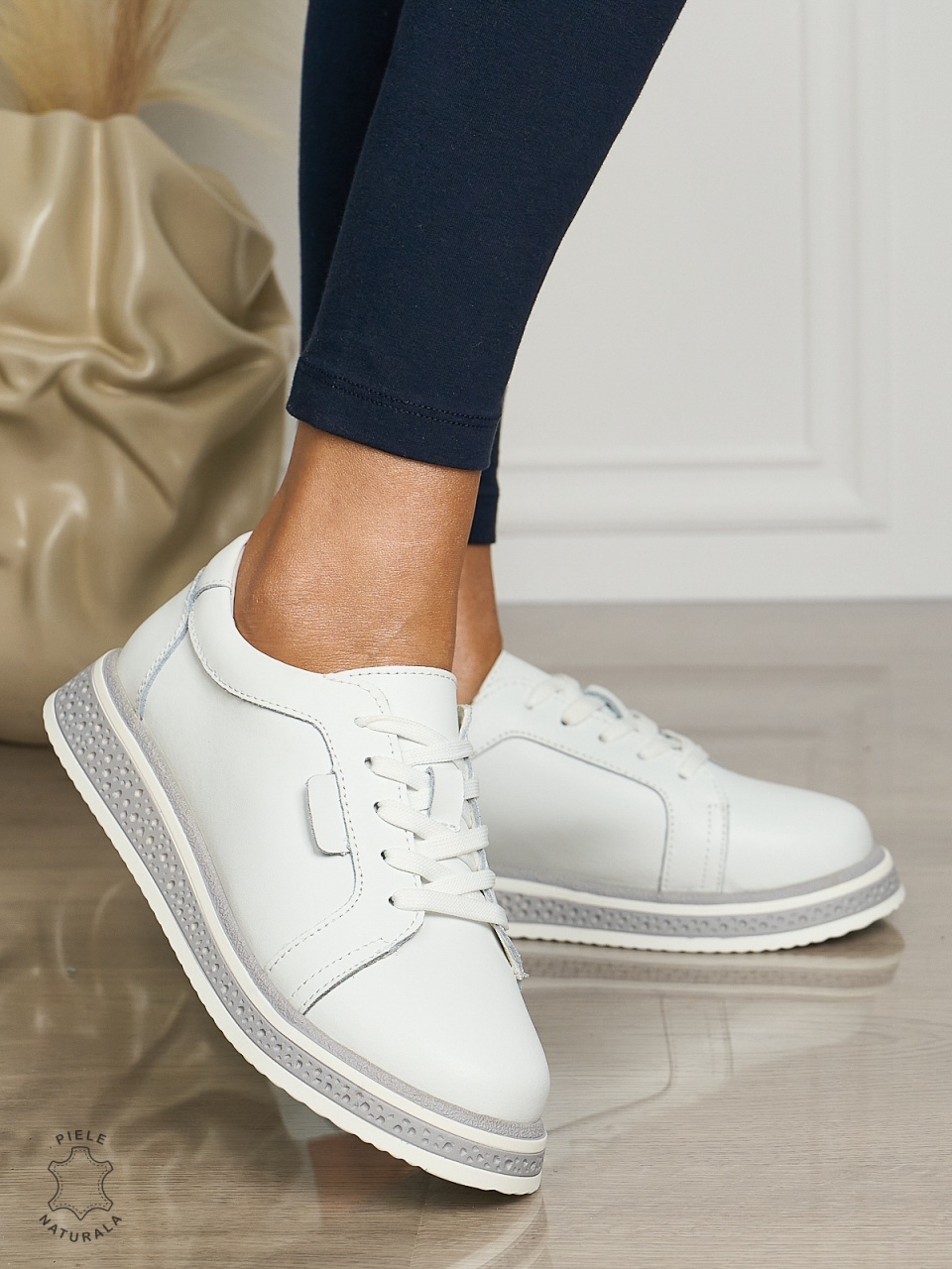 Pantofi casual piele naturala CU TALPA GROASA CRL1513 Alb