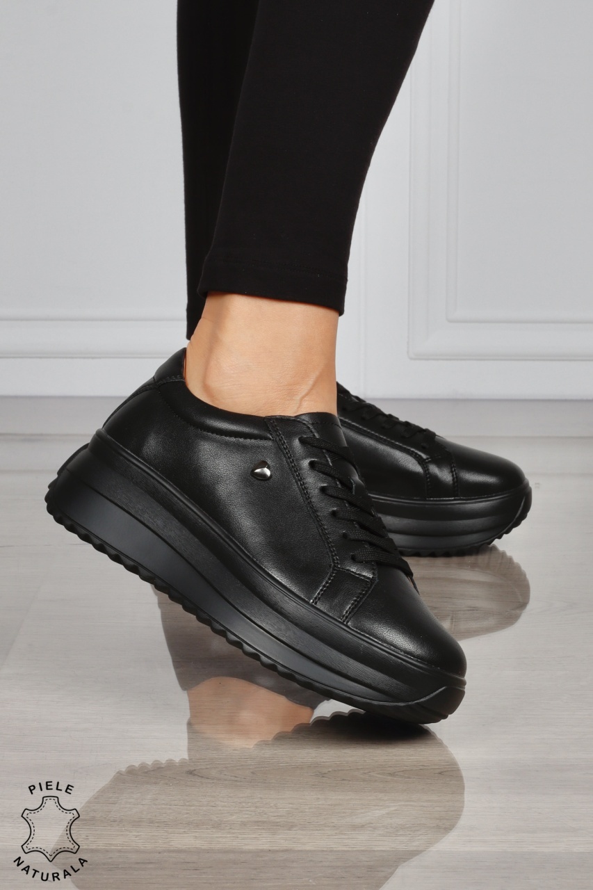 Pantofi CASUAL PIELE NATURALA cu talpa inalta CRL1275 NEGRU