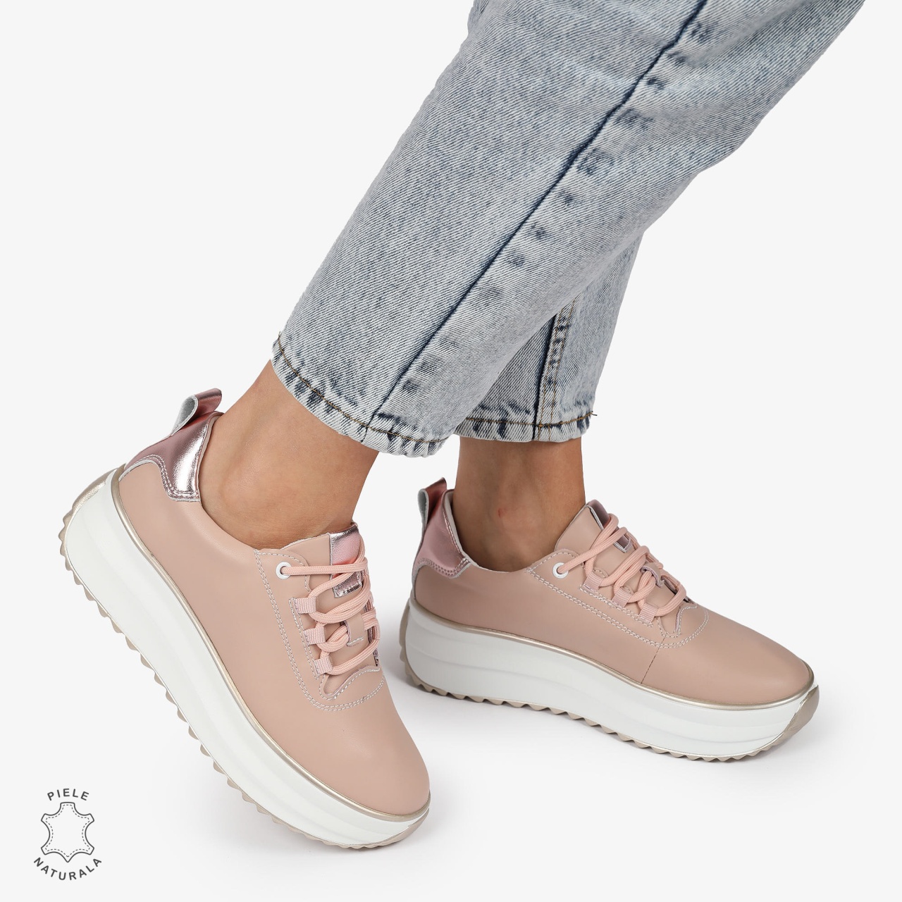 Pantofi CASUAL PIELE NATURALA cu TALPA INALTA CRL1291 ROZ