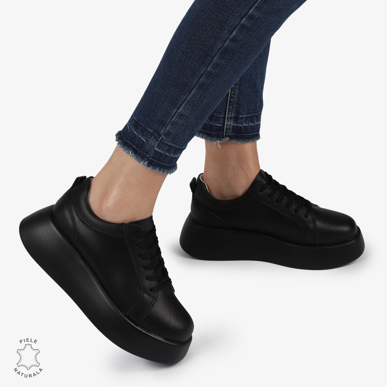 Pantofi casual piele naturala cu talpa inalta CRL881 NEGRU