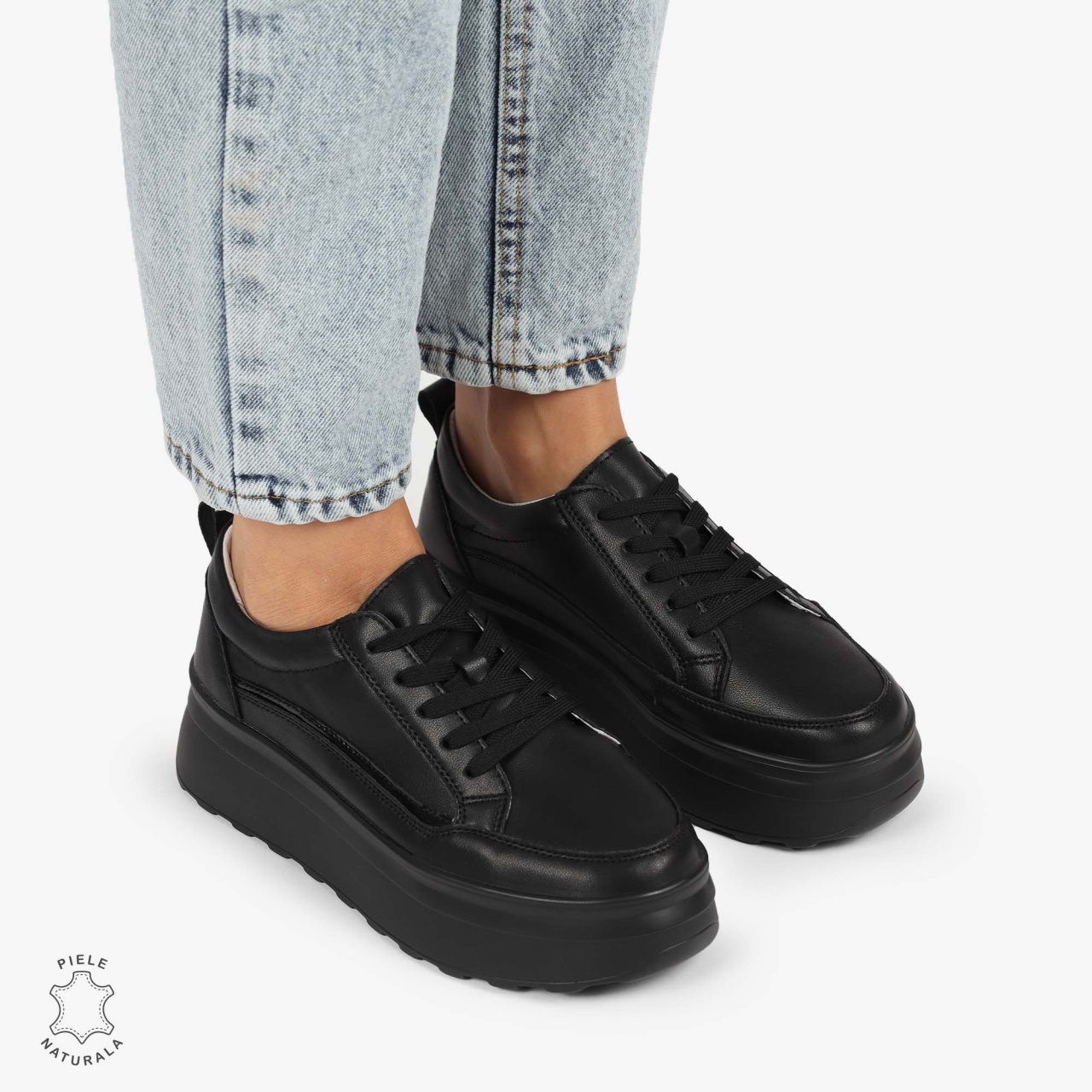 Pantofi CASUAL PIELE NATURALA dunga decorativa cu talpa inalta CRL1261 Negru