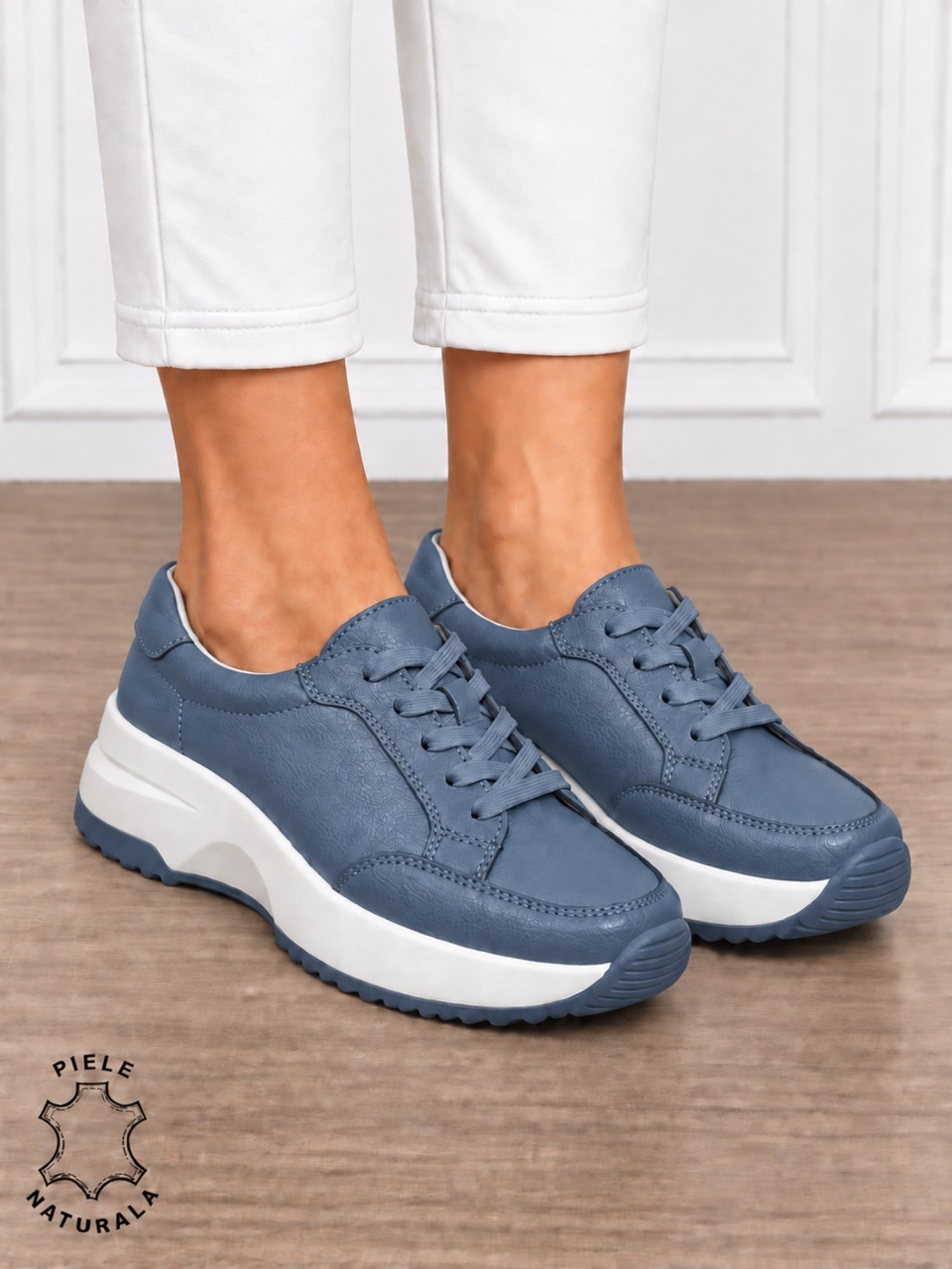Pantofi damă din piele naturală cu șiret CRL1860 ALBASTRU
