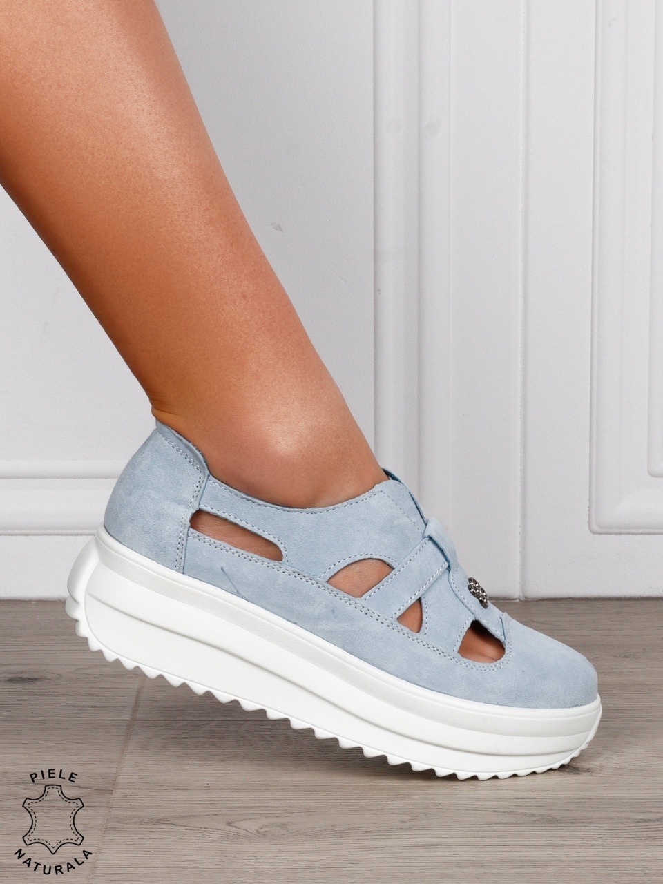 Sandale dama din Piele Naturala Intoarsa cu talpa inalta CRL1558 ALBASTRU