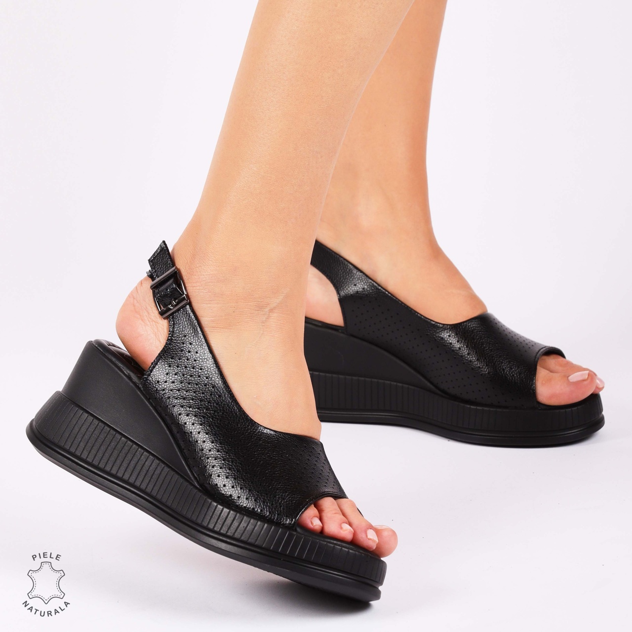 SANDALE Dama DIN Piele Naturala TALPA INALTA CRL1435 NEGRU