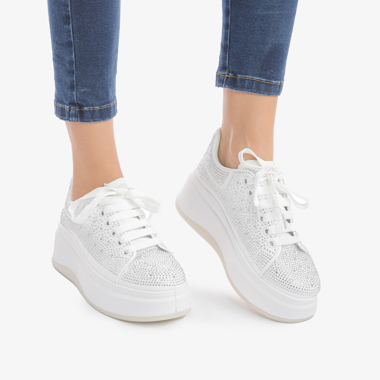 SNEAKERS DAMA din PIELE ECOLOGICA Intoarsa CU STRAS CRL0863 ALB