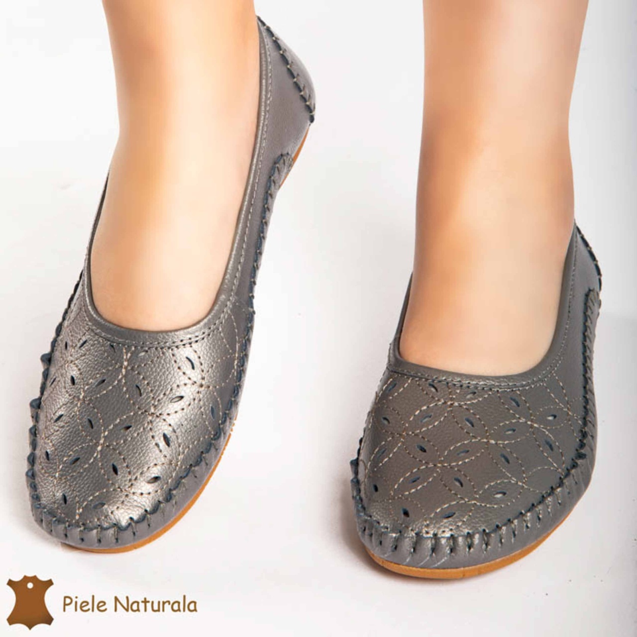 Balerini dama din Piele Naturala cu mici perforatii CRL0180 PEWTER