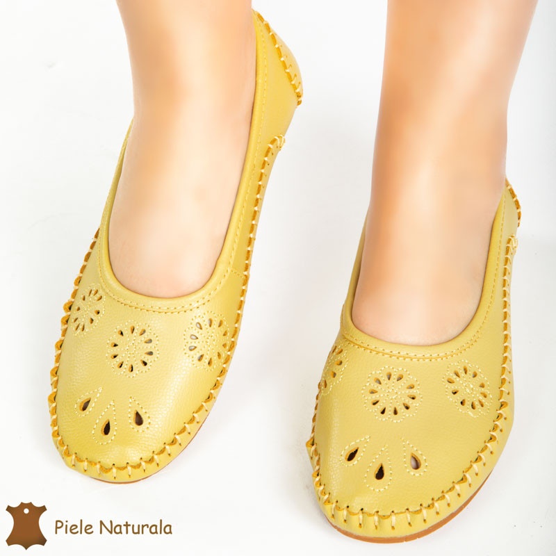 Balerini dama din Piele Naturala cu talpa flexibila CRL0178 GALBEN