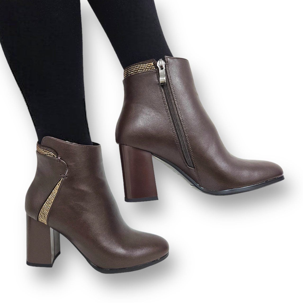 Botine DAMA din PIELE Ecologica cu FERMOAR si Catarama CRL0931 CULOARE: Cafeniu