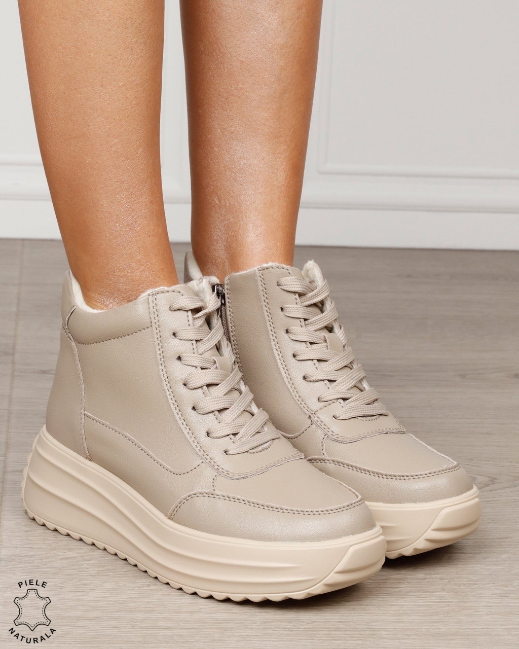 Ghete damă din piele naturală cu șiret și fermoar lateral CRL1891 KHAKI