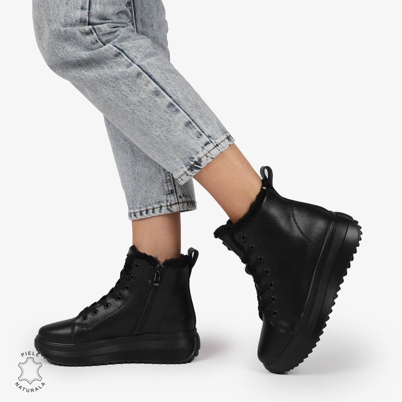 Ghete Dama IMBLANITE DIN Piele Naturala CRL1298 NEGRU