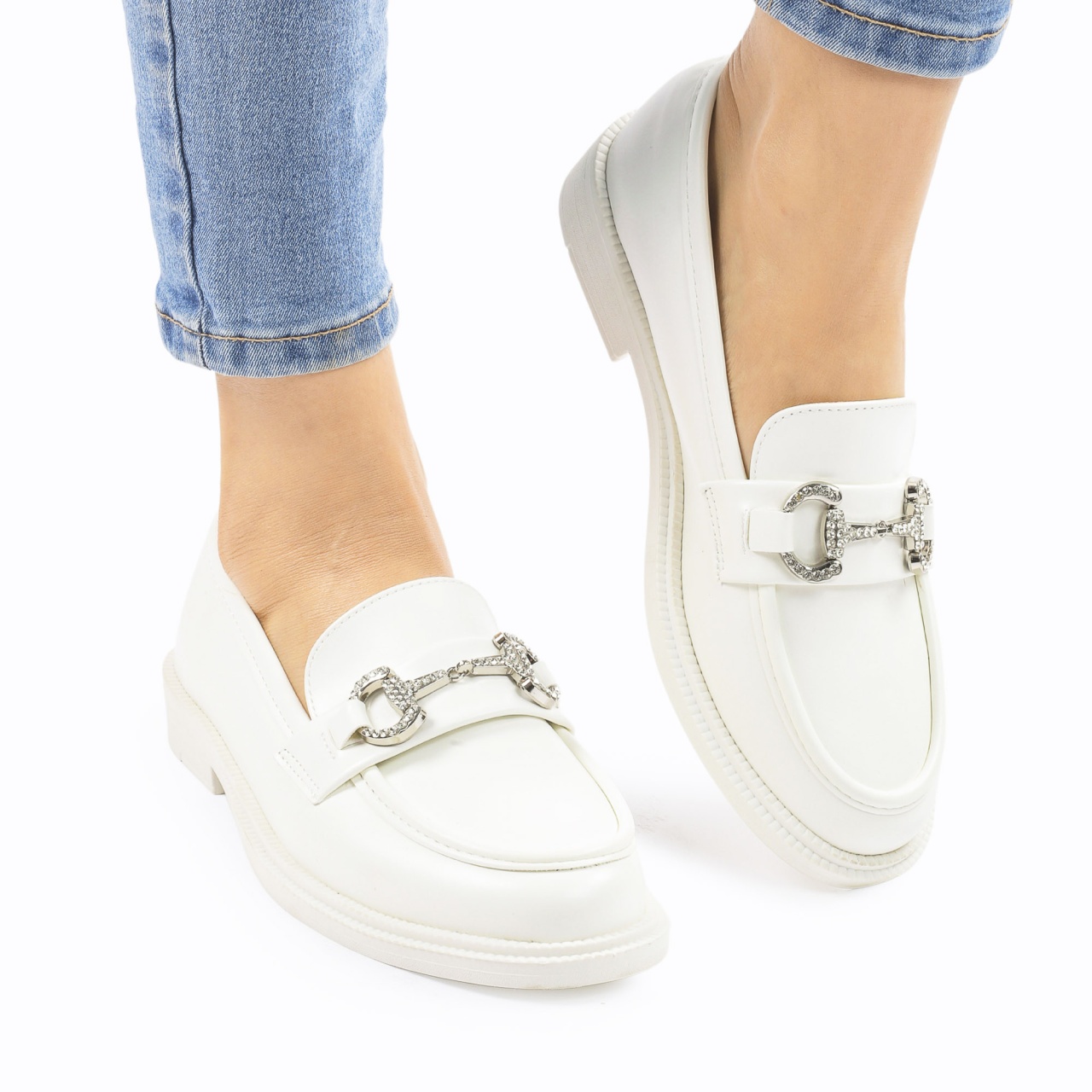 Mocasini DAMA din PIELE ECOLOGICA CU ARGINTIU CRL0966 CULOARE:ALB